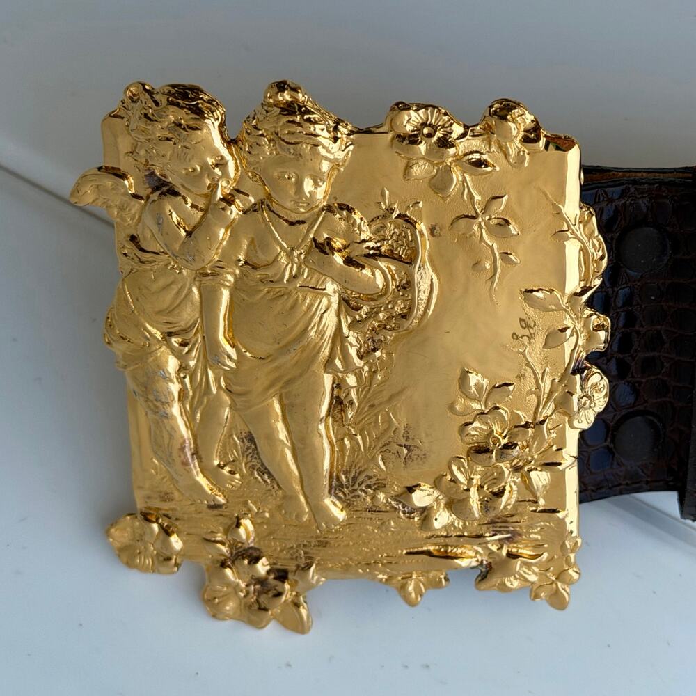 Lyn Gaylord Sterling Silver Vermeil Sweet Sisters Belt Buckle & Croc Belt M 925